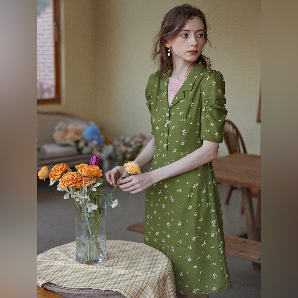 Simple Retro Fannie Printed Floral Green Tea Dress - Green - L
